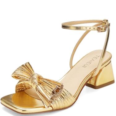 Imagem de TEAIEUI Sandálias femininas de salto com laço e bico quadrado aberto para noivas, salto grosso, salto baixo, tira no tornozelo, sapatos sociais para festas, Dourado, 39