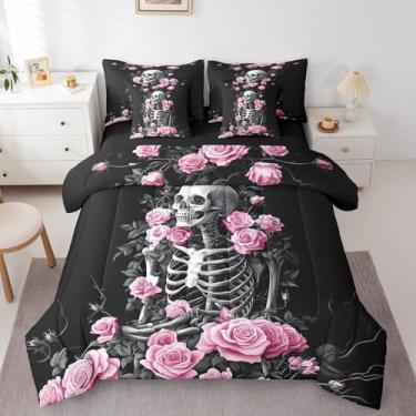 Imagem de Erosebridal Conjunto de cama de caveira rosa floral rosa para o dia dos namorados em uma bolsa, conjunto de edredom solteiro de caveira gótica, 7 peças, flores de esqueleto, preto, para decoração de