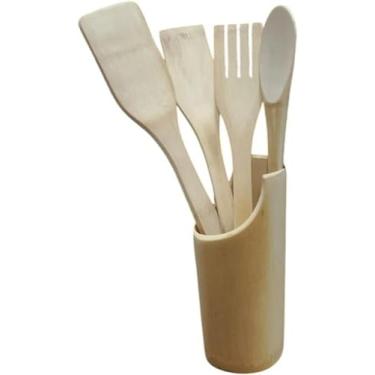 Imagem de Kit Utensílios de Cozinha em Bambu, 5 Peças com Suporte Organizador, Colher, Colher com Bico, Espátula e Garfo, Design Moderno, Ergonômico