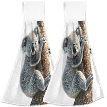 Imagem de TSENQUE Toalha de mão personalizada de outono com laço para pendurar urso coala pendurado árvore forno toalhas de chá conjunto de 2 lindas decorações de cozinha modernas absorventes 46 x 35