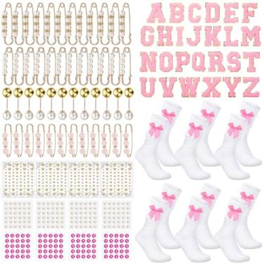 Imagem de Norme Kit de berloques de 129 peças, meias brancas com pingentes dourados e rosa, broches e alfinetes femininos com alfinetes de segurança, laço rosa para joias faça você mesmo, broche de ouro, pérola