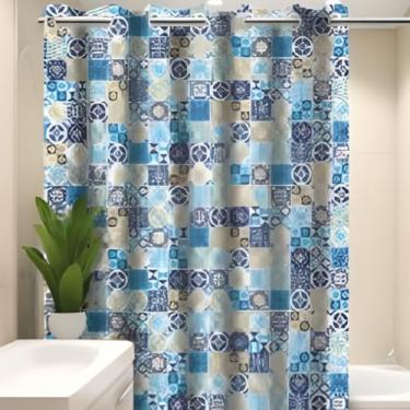 Imagem de Cortina de Box PVC Impermeável com Ilhós Antimofo, Padrão Azulejo Português Azul e Bege, 1,98m Altura x 1,38m Largura, Decorativa para Banheiro, Fácil de Limpar