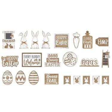 Imagem de DoubleFill Conjunto de 24 peças de decoração de bandeja de Páscoa em camadas, placa de mesa de Páscoa, coelho, ovos, coelho, cenoura, centros de mesa, blocos de madeira, blocos de sinais, bloco de