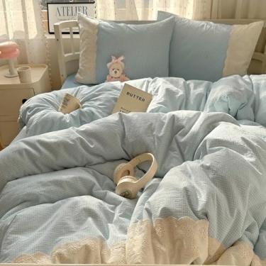 Imagem de LifeTB Conjunto de edredom xadrez xadrez romântico de 3 peças com estampa de renda azul e 2 fronhas