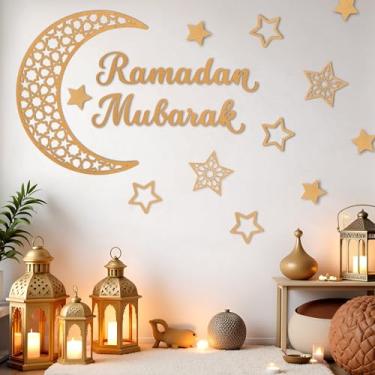 Imagem de Rmeosye Conjunto de decoração de parede Ramadan Mubarak, placa de arte de parede de madeira islâmica lua e estrela para decorações do Ramadã Eid, decoração de casa muçulmana para sala de estar, quarto