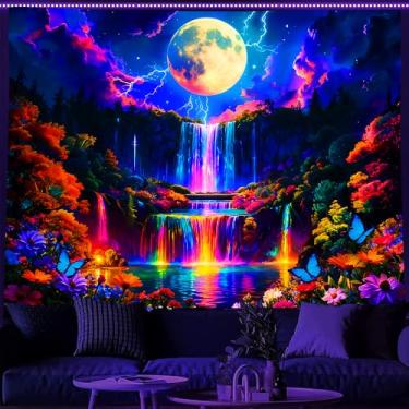 Imagem de Ine Ive Tapeçaria de cachoeira luz negra UV reativa fantasia lua tapeçarias que brilham no escuro floresta néon natureza paisagem pôster pendurado na parede 203 x 152 cm para decoração de quarto e