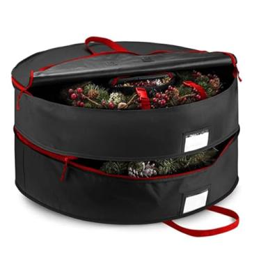 Imagem de CYTJHMD Bolsa de armazenamento de guirlanda de Natal, recipiente de armazenamento de guirlanda de camada dupla, suporte de armazenamento de guirlandas de férias com zíperes e alças duplos, preto, 76,2