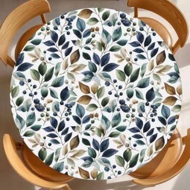 Imagem de KiuLoam Toalha de mesa redonda de folhas de mirtilo em aquarela com borda elástica toalha de mesa lavável para decoração externa de patry de cozinha, serve para 101,6 a 112 cm, pequena
