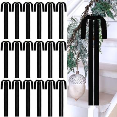 Imagem de Pacote com 18 laços longos de veludo preto, enfeite de Natal, 59 x 48 cm, fita vintage, laço rústico, pré-fabricado para enfeite de árvore de Natal, guirlanda, escada, porta, lareira, decoração de