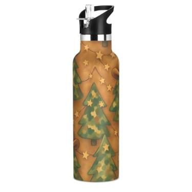Imagem de Joisal Garrafa de água de aço inoxidável isolada de 590 ml com tampa de canudo para bebidas frias ou quentes, árvores de Natal vintage marrom livre de BPA à prova de vazamento copos de viagem para