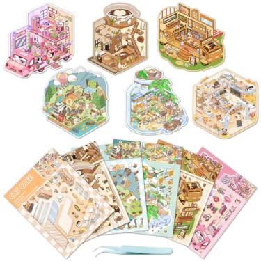 Imagem de 6 conjuntos de adesivos de gato 3D DIY para crianças e meninas, adesivos de casa 3D terapia para adultos fofos desenhos animados cenas de animais, alívio do estresse passa o tempo, lembrancinhas de