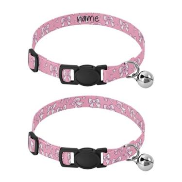 Imagem de SEHANY Conjunto de 2 coleiras de cachorro com laço rosa fofo, fivela de plástico resistente, leve, macia e leve, com sino pequeno, coleiras personalizadas com nome de animal de estimação para meninos