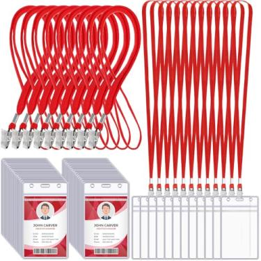 Imagem de Marspark Cordões de crachá com suporte de identificação para crachás de identificação etiqueta de nome de pescoço plano resselável com clipe de plástico à prova d'água crachás transparentes a granel