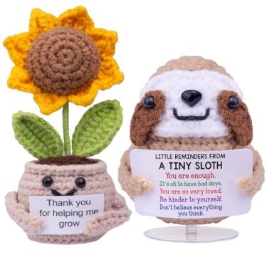 Imagem de CoFuBcad Engraçado positivo crochê preguiça girassol com cartão positivo tricotado girassol apoio emocional pelúcia engraçado incentivo presentes para mulheres homens presentes decoração de festa