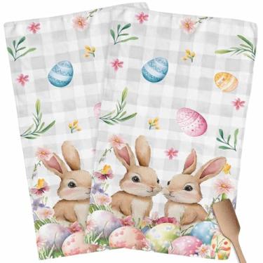 Imagem de Zadaling Toalhas de cozinha de páscoa ovos de coelho toalhas de mão primavera flor cinza xadrez sazonal decoração de primavera toalha de prato macio absorvente secagem rápida pacote 2 panos de prato