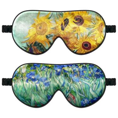 Imagem de 2 peças de máscara de seda para dormir com alça elástica/faixa de cabeça arte máscara de olho zero pressão nas pálpebras e cílios para dormir à noite, viagens, soneca (girassóis e íris Van Gogh)