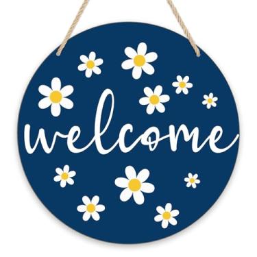 Imagem de Placa de porta da frente de margarida de primavera, margarida azul, placas redondas de madeira para pendurar, sinal de portas suspensas de primavera, quintal, varanda, parede, janela, decoração de