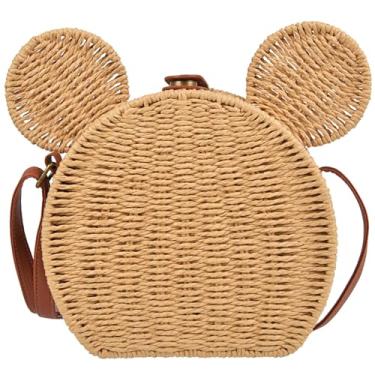 Imagem de Bolsa feminina de palha com orelha de rato - Bolsa tiracolo Boho de tecido de vime kawaii, bolsas de mão de praia de vime de verão para férias