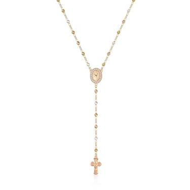 Imagem de Moodear Colar de cruz longa para mulheres – Colar com pingente de crucifixo banhado a ouro 14K delicado Lariat Rosarios Catholic Virgin Mary Beaded Y Chain Christian Jewelry Gift for Her, Banhado a