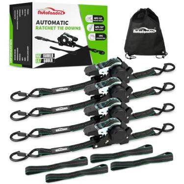 Imagem de Autofonder Correias de catraca retráteis com alças macias (pacote com 4) - (força de ruptura de 0,7 kg) - 3,5 cm x 3,5 m, alça de amarração automática resistente para caminhão, reboque de carga