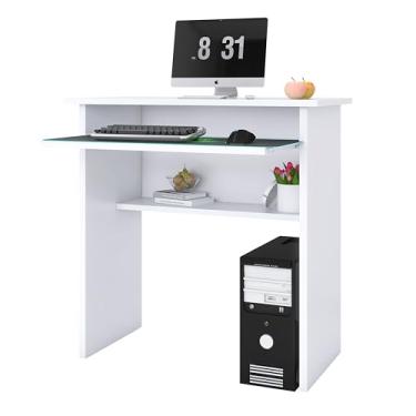 Imagem de Mesa de Computador Moderna, 3 Prateleiras, Branca, com Suporte para Monitor, Teclado e PC Gamer