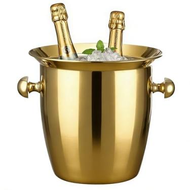 Imagem de Balde de gelo, balde de gelo grande para festas, baldes de vinho portáteis de aço inoxidável 5L com alça para champanhe, cerveja, coquetéis, interior, exterior, acampamento, piquenique (ouro)