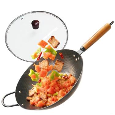 Imagem de Zogify Wok antiaderente, frigideira de aço carbono de 33 cm com tampa de vidro para fritar, elétrica, indução, fogões a gás