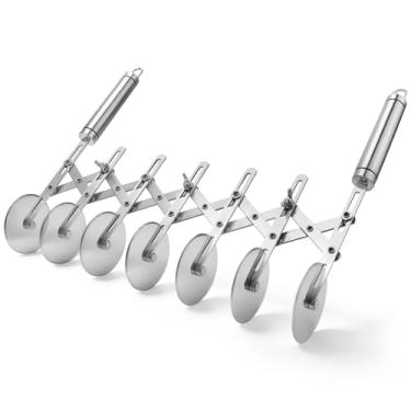 Imagem de Juome Cortador de massa de 7 rodas com alça, roda multiredonda, rolo de cortador de massa de aço inoxidável, cortador de pizza, acordeão, faca de pastelaria, ferramenta divisória