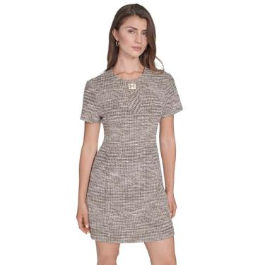 Imagem de H Halston Vestido feminino de tweed de manga curta acima do joelho com detalhes de ferragens, Vicuna/creme, 46