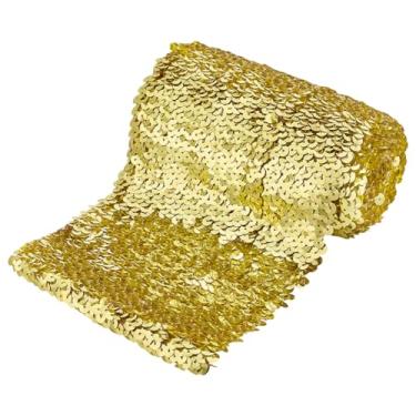 Imagem de FINGERINSPIRE 2 jardas fita elástica de lantejoulas 14,8 cm de largura, dourada, metálica, acabamento de lantejoulas planas, acabamento de renda em paillette, para vestido, faixa de cabeça, faça você