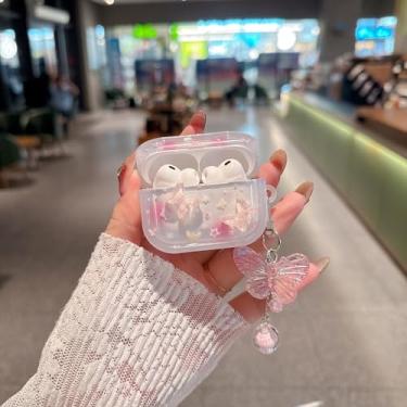 Imagem de PHOEACC Capa compatível com AirPods Pro 3, design fofo de glitter de borboleta 3D com chaveiro, capa protetora à prova de choque de TPU transparente para mulheres e meninas (Pro3 - Rosa borboleta)
