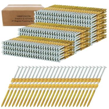 Imagem de AOKLIT Pregos de moldura de 1000 unidades, haste de anel de cabeça plana galvanizada de 7,6 cm x 0,31 cm, pregos de moldura de 21 graus para moldura de madeira tratada com pressão, sub-base de deck e