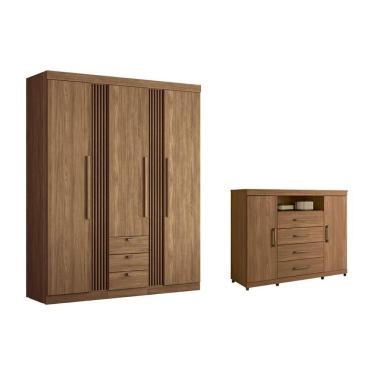 Imagem de Guarda Roupa 2 Peças Solteiro e Closet QC260 3 Portas de Bater 3 Gavetas em MDP com Prateleiras e Cabideiro Jatobá