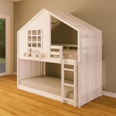 Imagem de Beliche Montessoriano Casinha Com Janela E Cortina Madeira Maciça Branco Housin