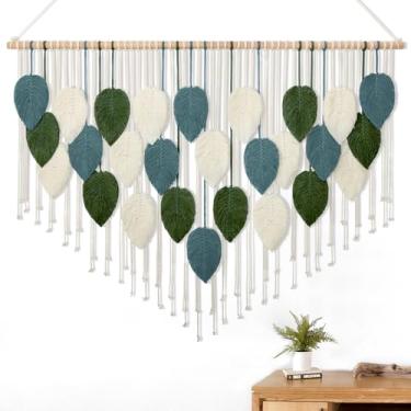 Imagem de KHOYIME Decoração de parede de macramê grande, boho, tapeçaria de folhas boêmias, moderna feita à mão, fio tecido, folha de pena, decoração de arte de parede chique para quarto, sala de estar,