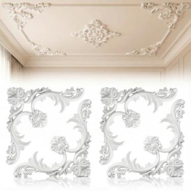 Imagem de Pacote com 4 kit de moldagem de teto PU, cantos de estilo francês de 35 x 35 cm, painéis de parede decorativos com padrão de flores para decoração de interiores de enfeite de parede e teto