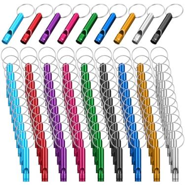 Imagem de mekueeex 150 apitos de emergência com chaveiros de alumínio extra alto segurança de sobrevivência à prova d'água chaveiro a granel para esportes ao ar livre árbitro treinamento salva-vidas