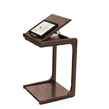 Imagem de U5GAAALPPQ9 Mesa lateral de madeira maciça, mesa de canto para sofá, mesa móvel em forma de C, com rodas, ajustável, espaço de armazenamento, mesa de cabeceira, mesa de centro para sala de estar
