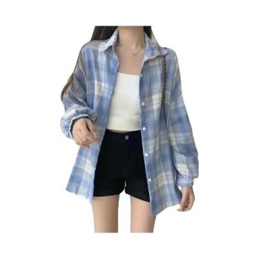 Imagem de Camisa Vintage Feminina De Xadrez De Manga Longa Moda De Outono Blusa 