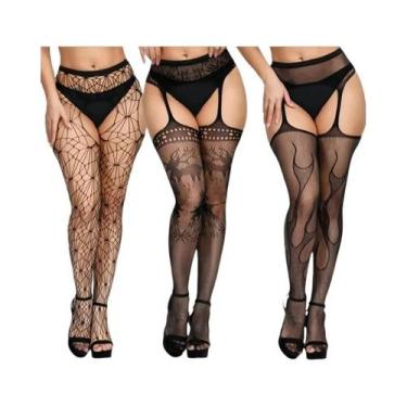 Imagem de Meias-calças Femininas Sensuais De Rede Até a Coxa, 3 Peças, Com Padrã