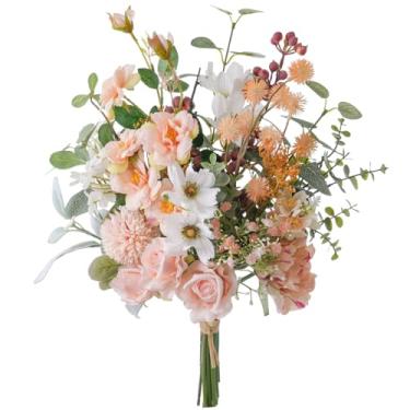 Imagem de Peauley Arranjos de mesa artificiais de seda de flores falsas artificiais de 43 cm para casa com flores cosmos, rosa chinesa, dente de leão, respirações de bebê, rosas, peônia, frutas vermelhas.