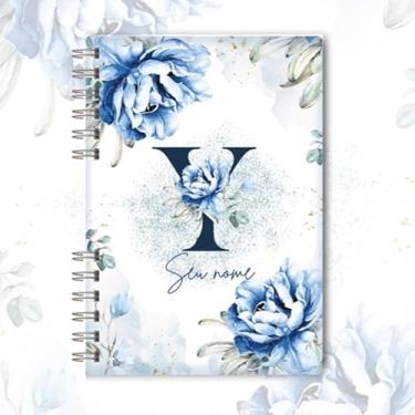 Imagem de Caderno A5 floral azul capa dura personalizado com inicial e nome, caderneta para anotações, caderno de anotações pautado ou sem pauta para estudo, organização e uso diário (Y)