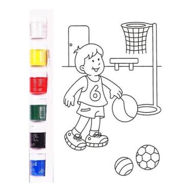 Imagem de Kit Tela P/Pintura Infantil 30X20cm Basquete + Guache Pincel - Cortiar