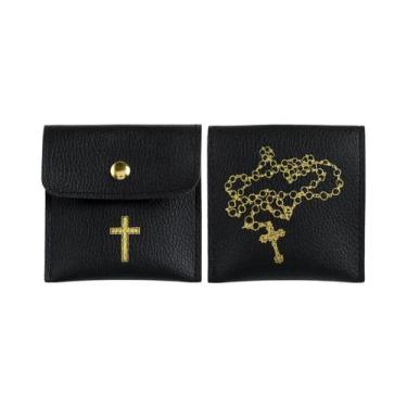 Imagem de Bolsa De Couro Com Cruz Dourada Para Terço E Joias, Estojo De Viagem 1