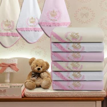 Imagem de Kit 6 Cueiro Manta Bordado Flanelado Maternidade Luxo Bebê - Raga Deco
