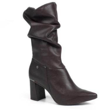 Imagem de Bota Feminina Em Couro Slouchy Salto Tanara - Café-Feminino