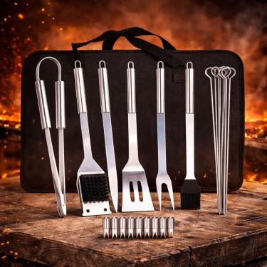 Imagem de Kit Churrasco 20 Peças Com Bolsa – Ferramentas Inox Para Carnes, Camping E Lazer Ao Ar Livre