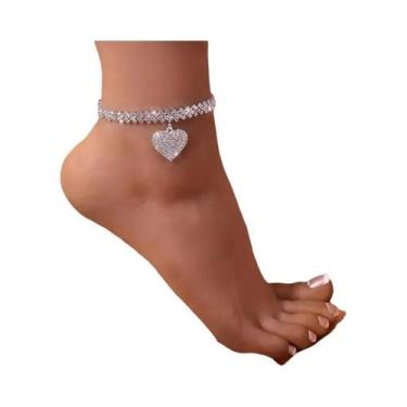 Imagem de Pulseira De Tornozelo Feminina Com Coração Duplo De Cristal Brilhante 