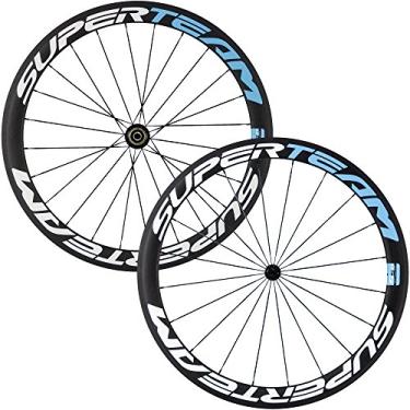 Imagem de Superteam Rodas de bicicleta de estrada de fibra de carbono 700C Clincher conjunto de rodas 50 mm fosco 23 largura (azul e branco)