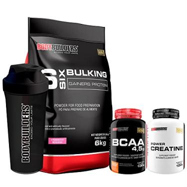 Imagem de Kit Hipercalórico 6 Six Bulking Morango 6kg + Power Creatina Tangerina 100g + BCAA 4,5 Tangerina 100g + Coqueteleira – Bodybuilders